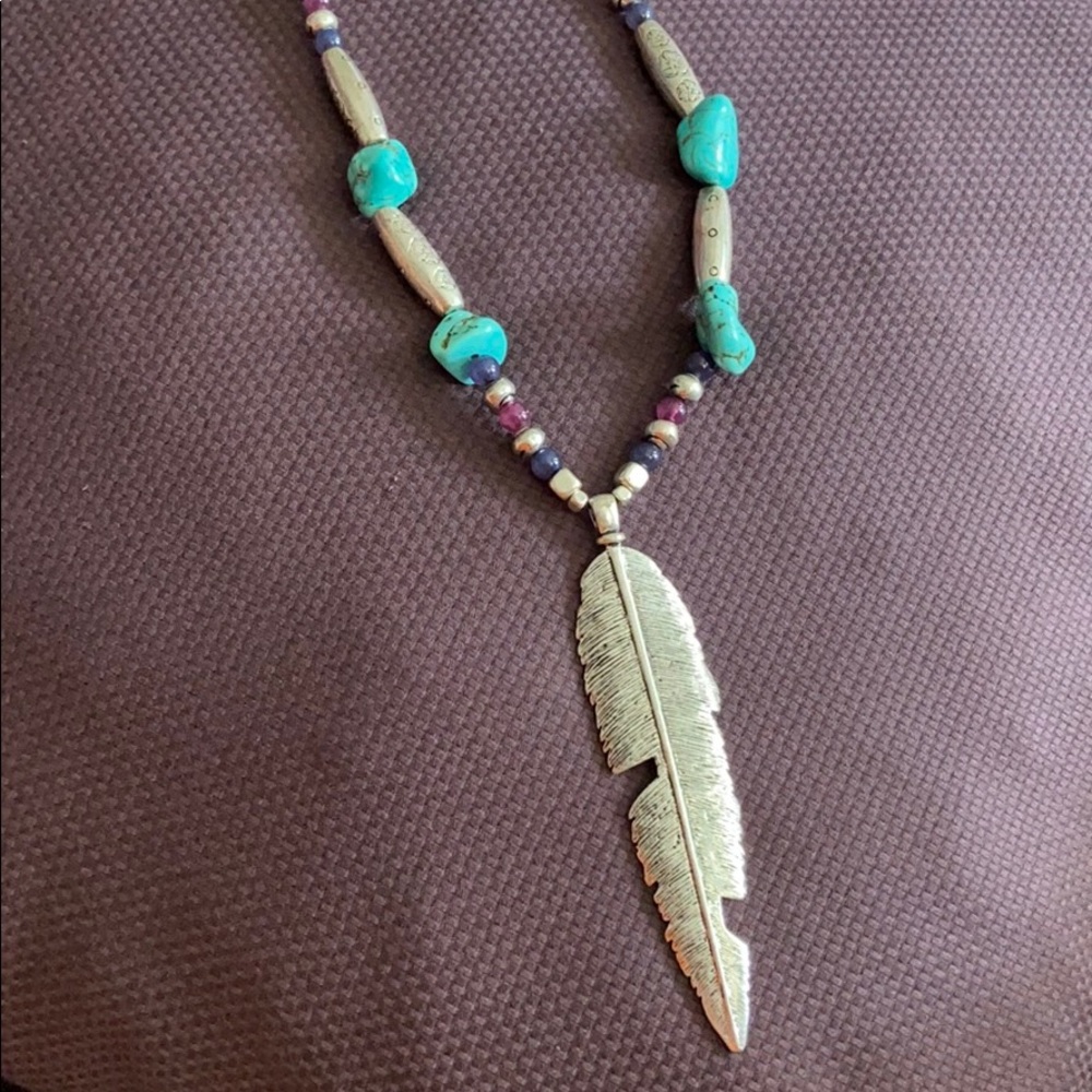 Lucky Brand turquoise and feather necklace